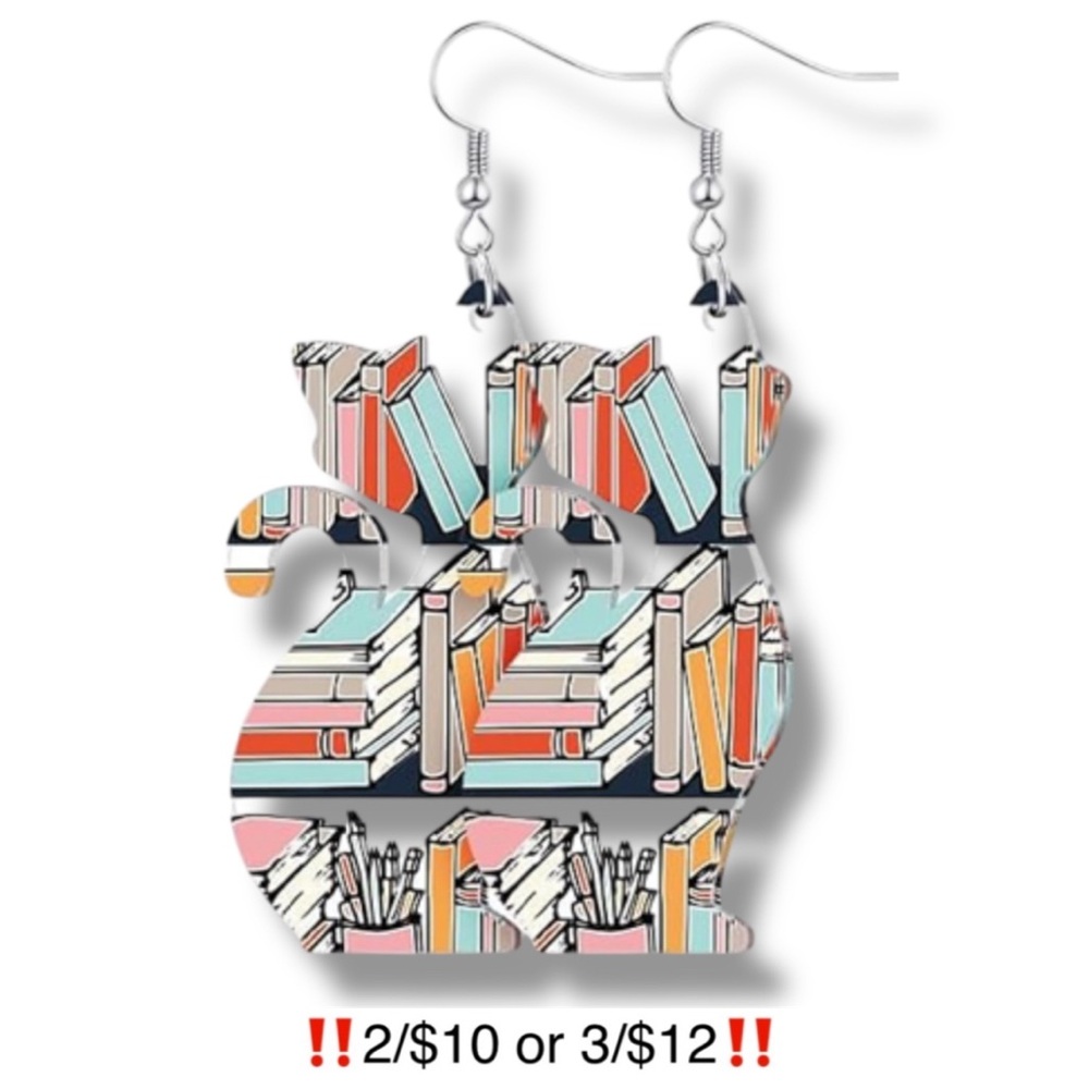 Cat Bookshelf Earrings Acrylic Dangling Statement Book Reading Novelty Earrings